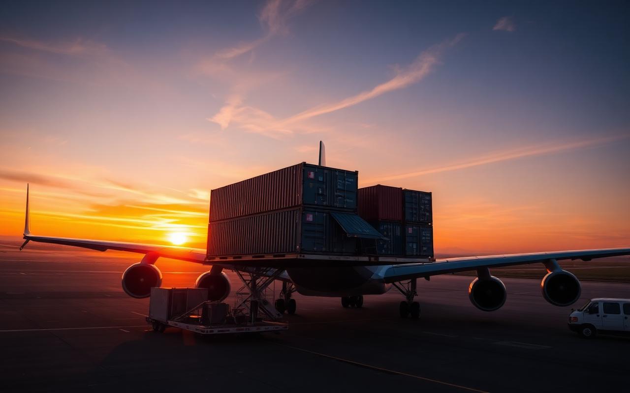 Avion cargo en chargement au coucher de soleil